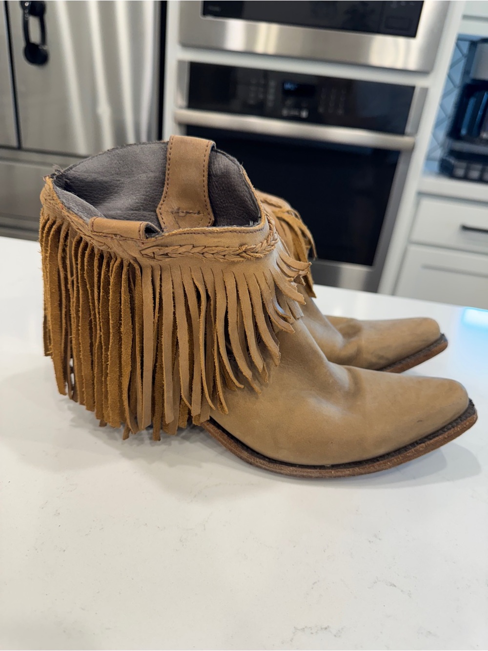 Vintage Tan Suede Fringe Western Cowboy Ankle Boots Boho - Picture 4 of 7
